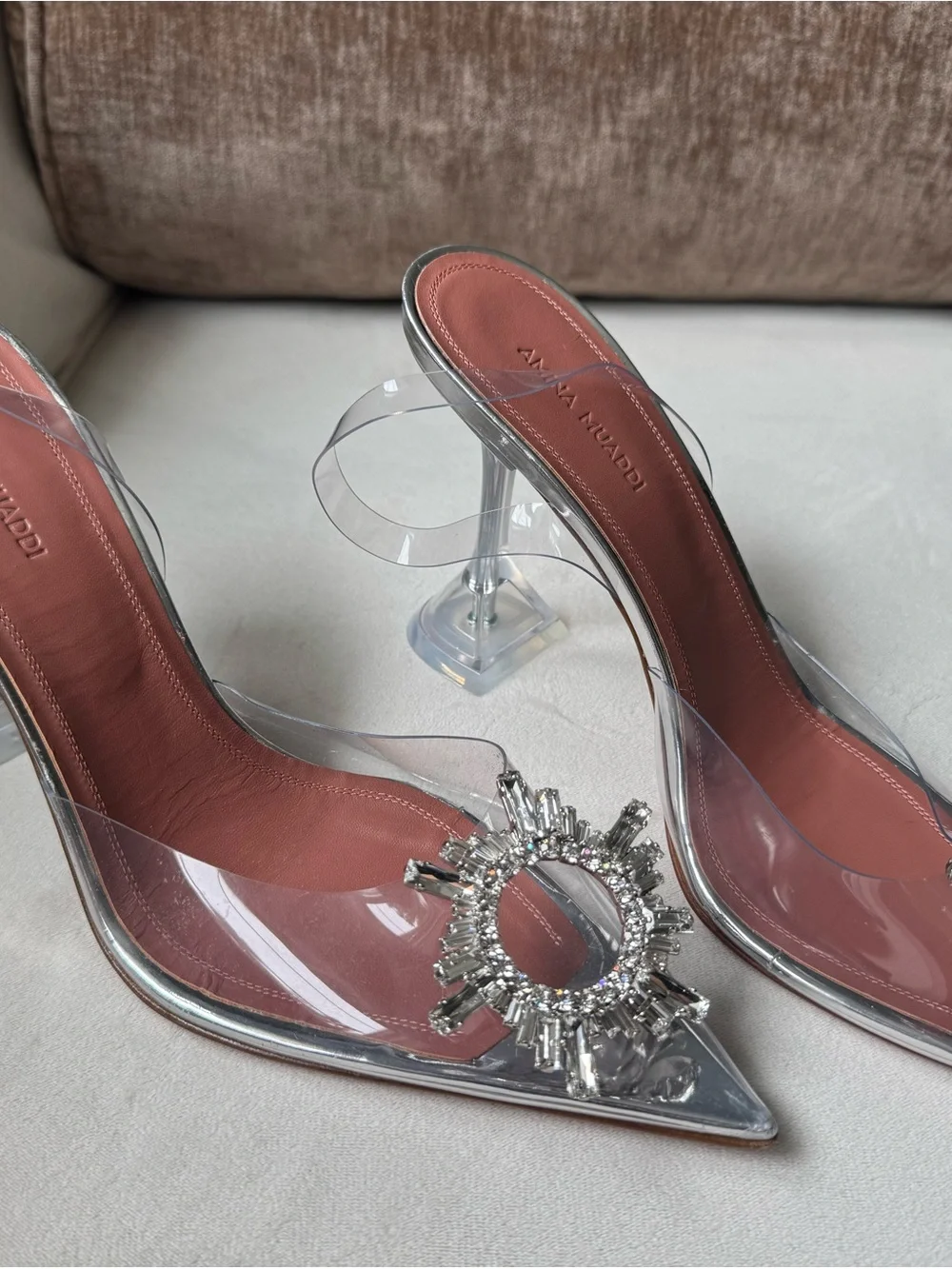 Amina Muaddi Clear PVC Pointed Mule Heels with Silver Crystal Brooch